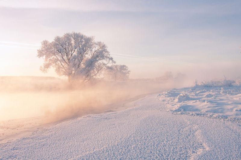 冬日阳光照亮霜冻的树木和冰冻的河流