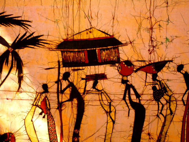 非洲艺术蜡染墙壁装饰人和小屋