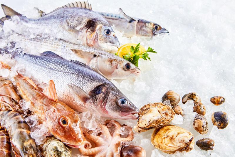 白色碎冰上的生鱼和贝类等海鲜产品