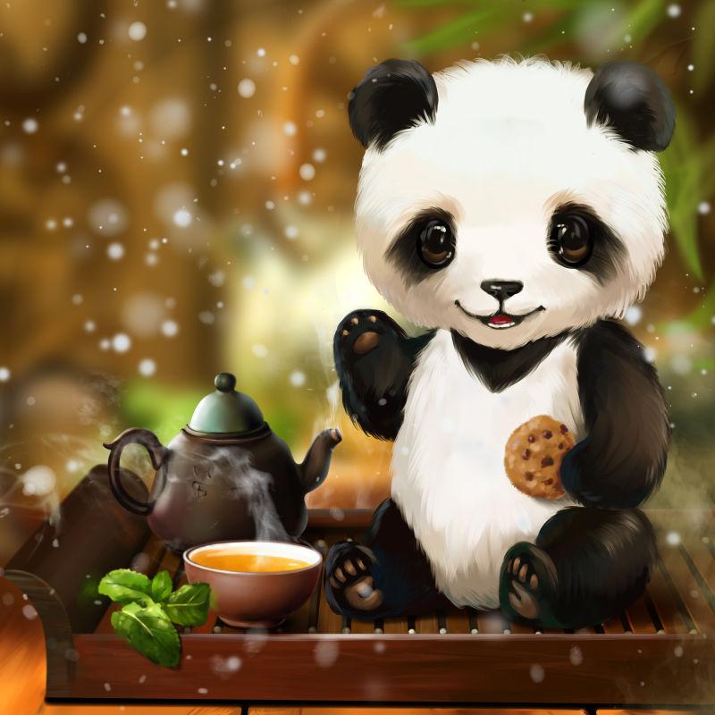 可爱的熊猫吃着饼干喝着茶