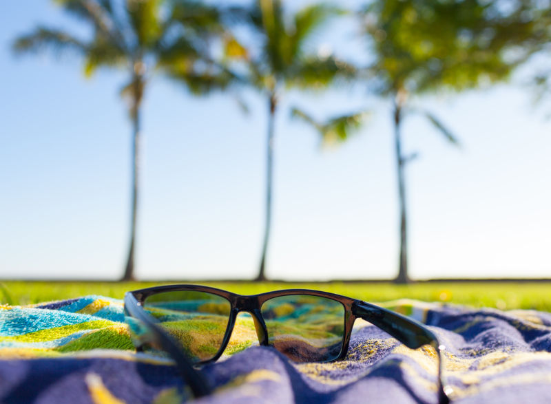 热带海滩公园里的放置地面的墨镜