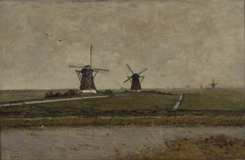 灰色模糊背景中的荷兰风车
