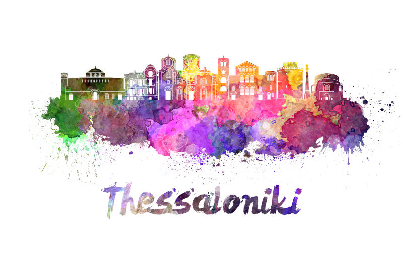 塞萨洛尼基城市天际线水彩画