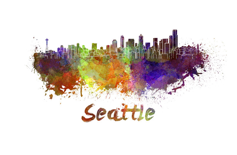 西雅图城市天际线水彩画