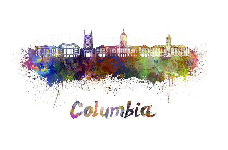 哥伦比亚城市天际线水彩画