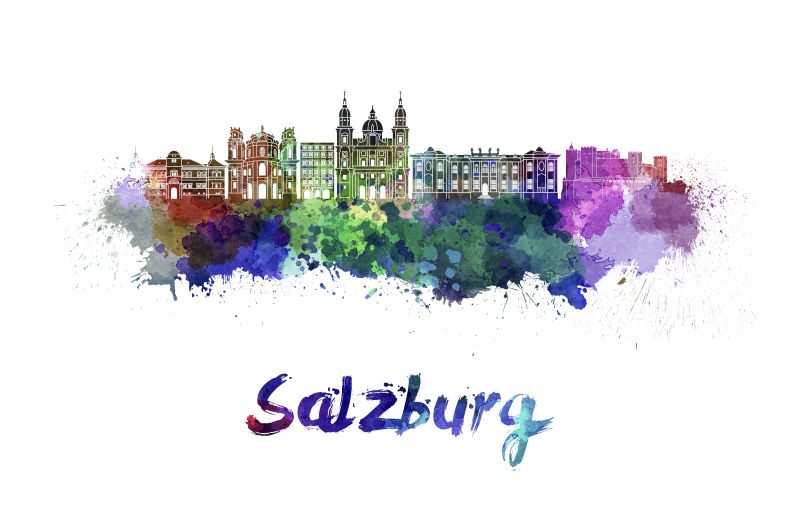 萨尔茨堡城市天际线水彩画