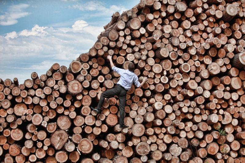 商人在攀爬木材堆