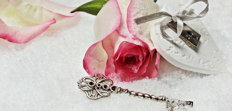 碎冰上的粉色玫瑰花和情人锁