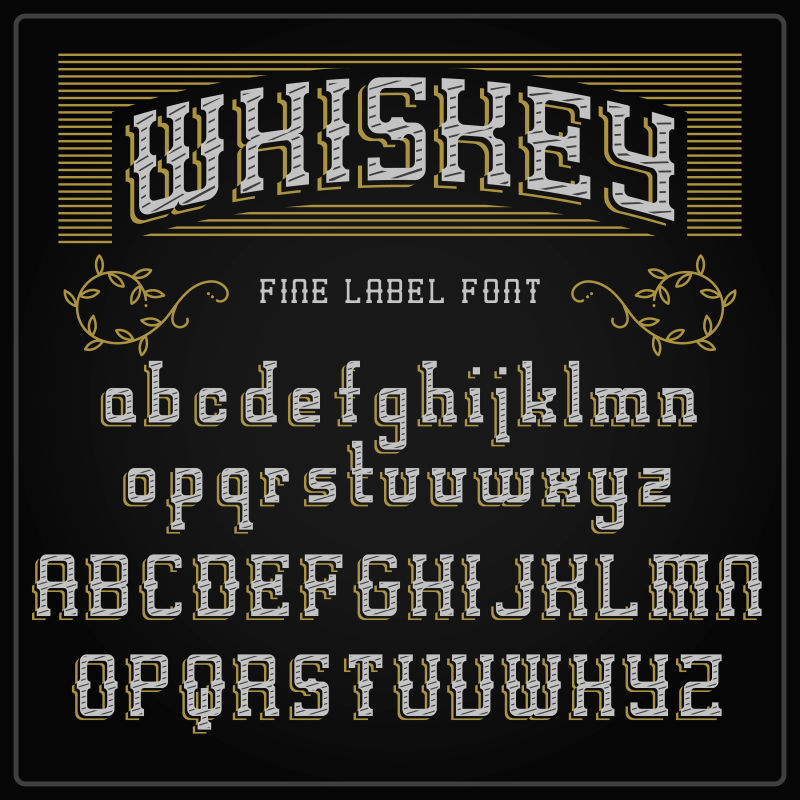 黑色背景下的威士忌样品标签和字体设计