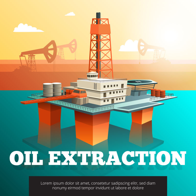 创意矢量开采石油海上平台的插图海报