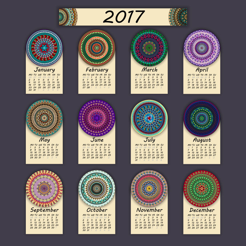彩色花卉图案的2017日历矢量