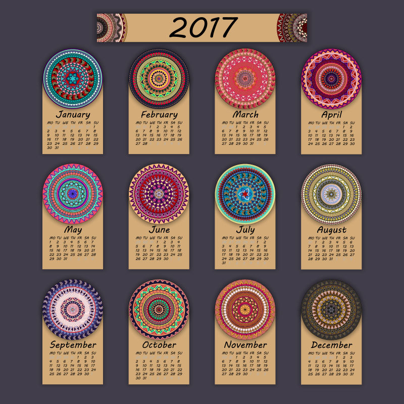 古典花卉装饰的2017年日历矢量