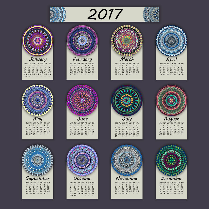 彩色花卉图案的2017年日历矢量设计
