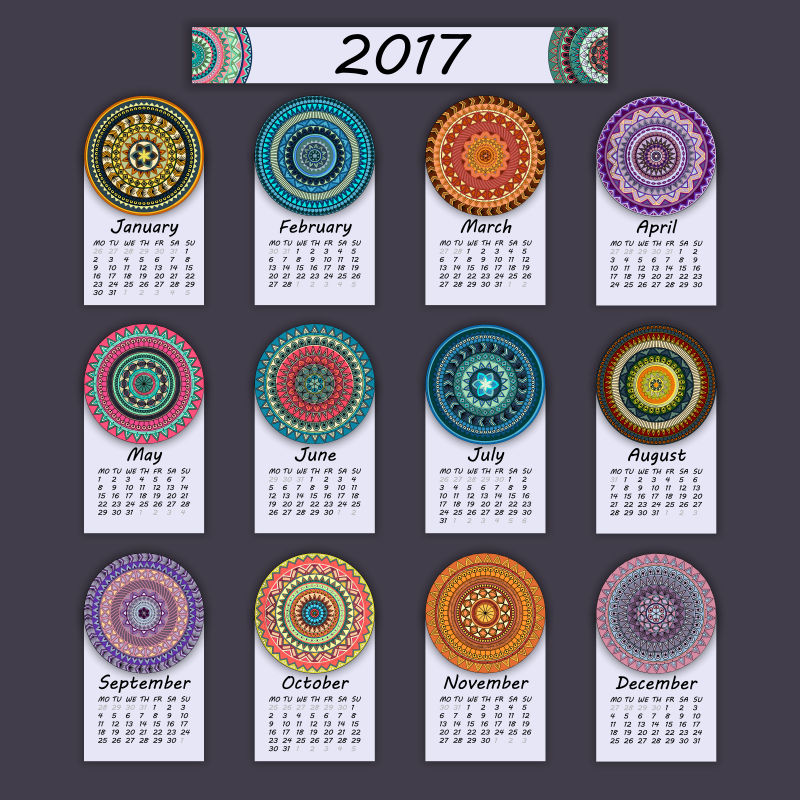 花卉图案的2017年日历矢量设计