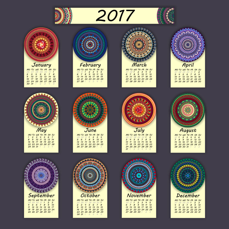 复古花卉图案的2017年日历矢量设计