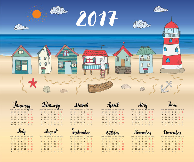 海滩主题的2017年日历矢量设计