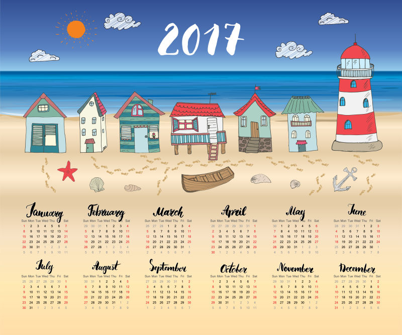 夏日海滩主题的2017年日历矢量设计