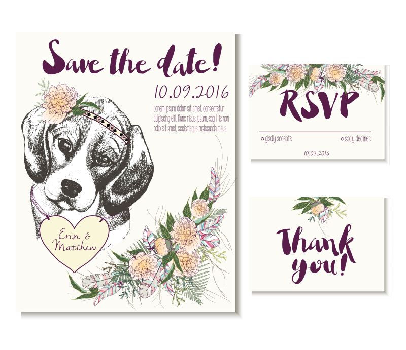 矢量的宠物狗图案婚礼邀请卡设计