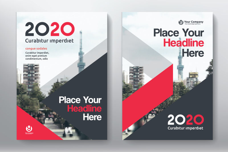 矢量城市插图和红色黑色模块的书籍封面设计