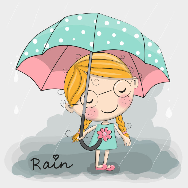 打着雨伞站在雨里的可爱小女孩矢量插图