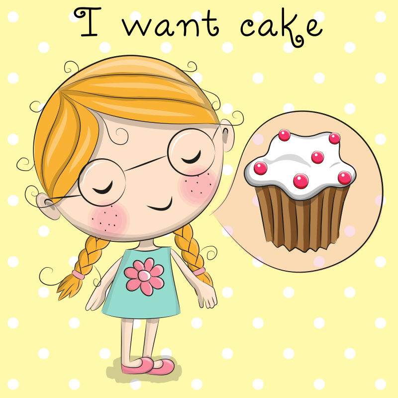 想吃蛋糕的小女孩矢量卡通插图