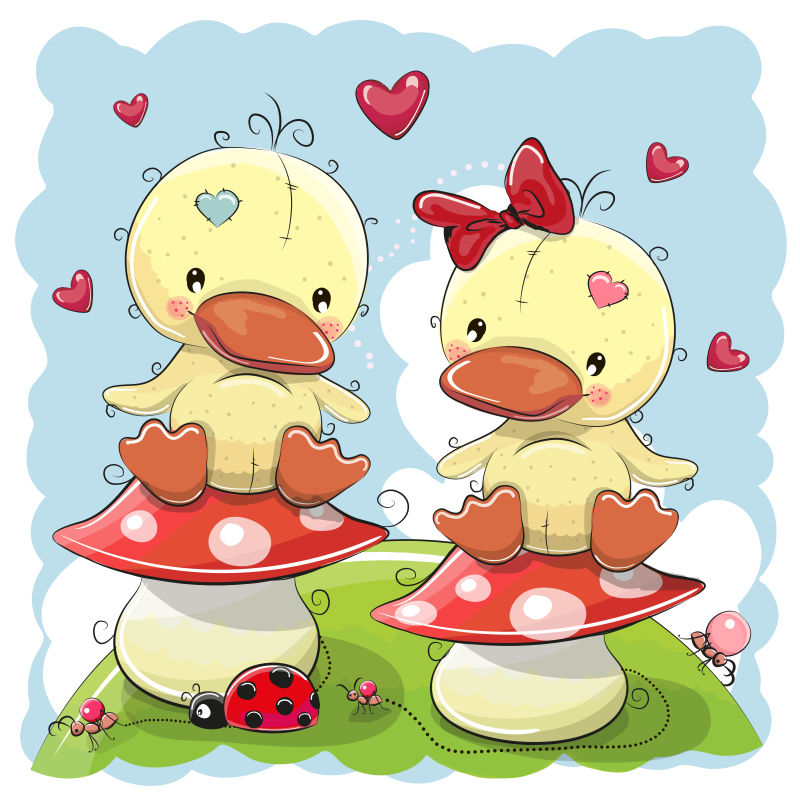 矢量两只可爱的蘑菇上的小黄鸭