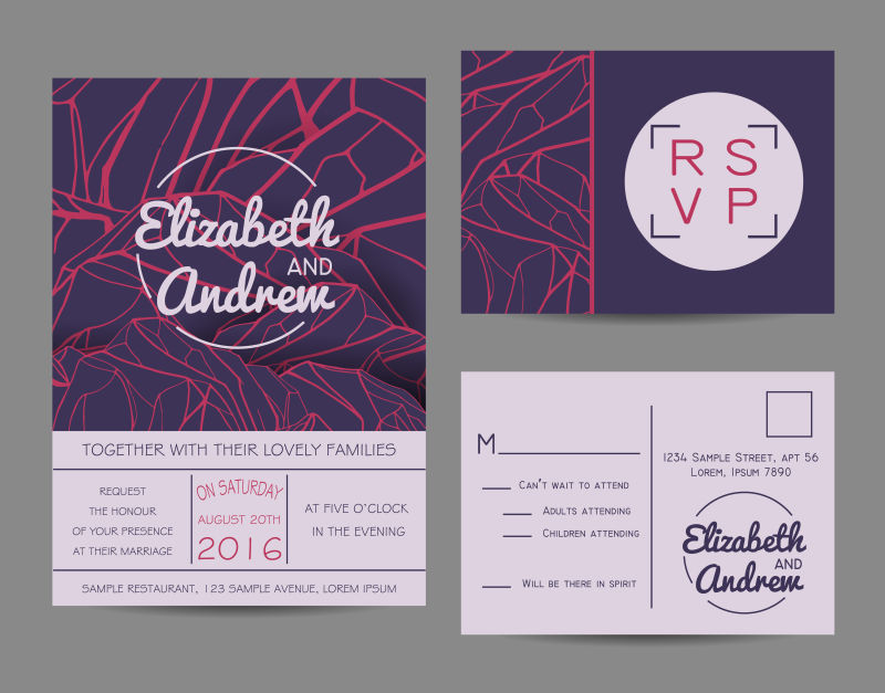 矢量的紫色背景婚礼邀请卡设计