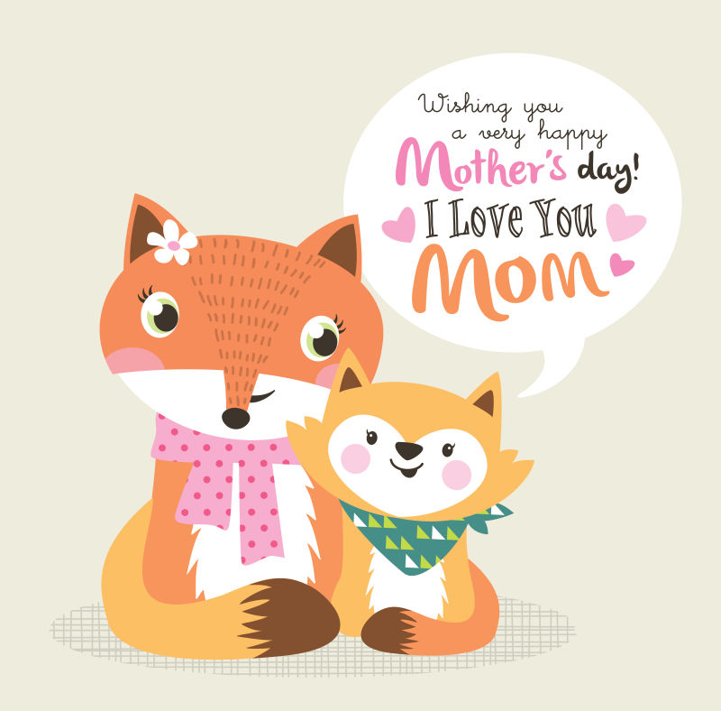 创意矢量可爱的狐狸宝宝和母亲的贺卡