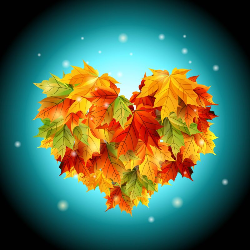 创意矢量秋叶堆成心形的背景