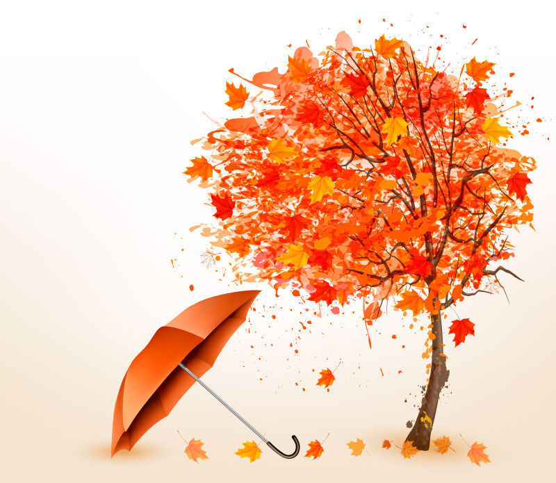 秋天的枫树和一把红伞矢量插图
