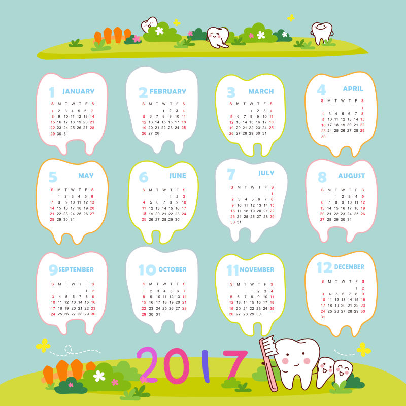 矢量的牙齿图案日历设计
