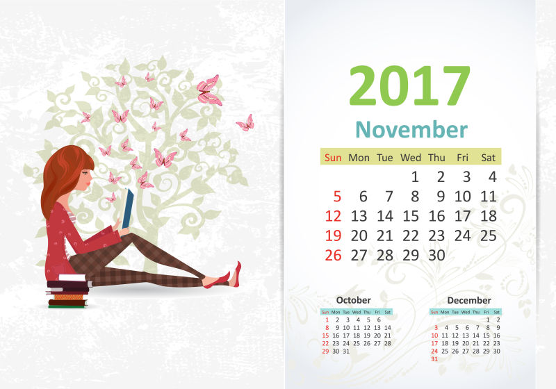 正在读书的女孩图案的2017年日历矢量设计