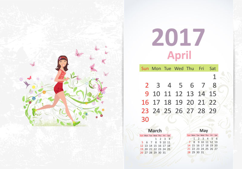 跑步的女孩矢量日历插图