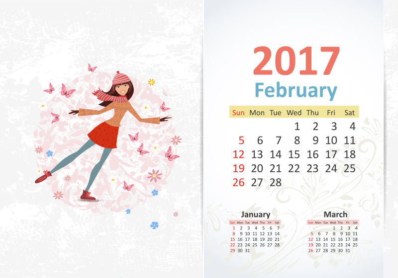 滑冰女孩插图的2017年日历矢量设计