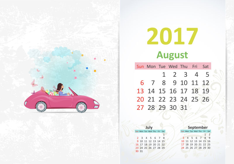 开着粉色跑车的女孩矢量日历插图