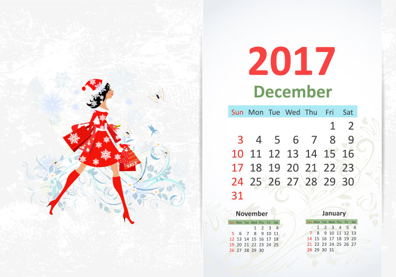 矢量的圣诞女孩图案2017日历设计