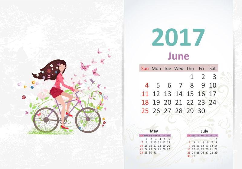 骑着自行车的年轻女孩矢量日历插图