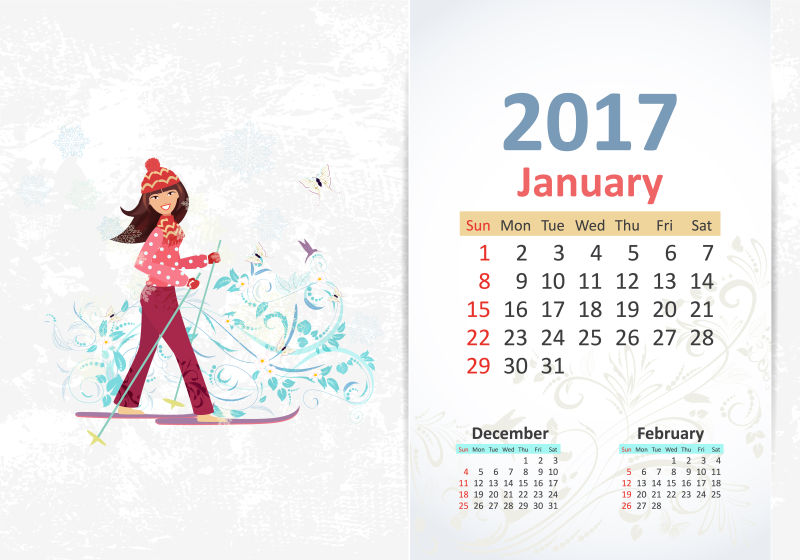 滑雪女孩图案的2017年日历矢量设计