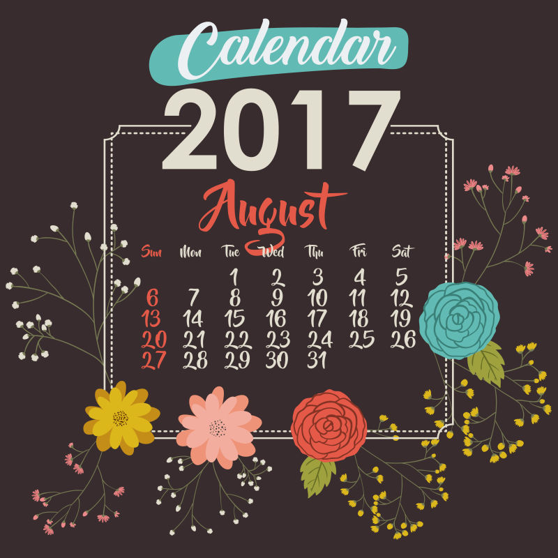 矢量花卉图案的2017年黑色日历