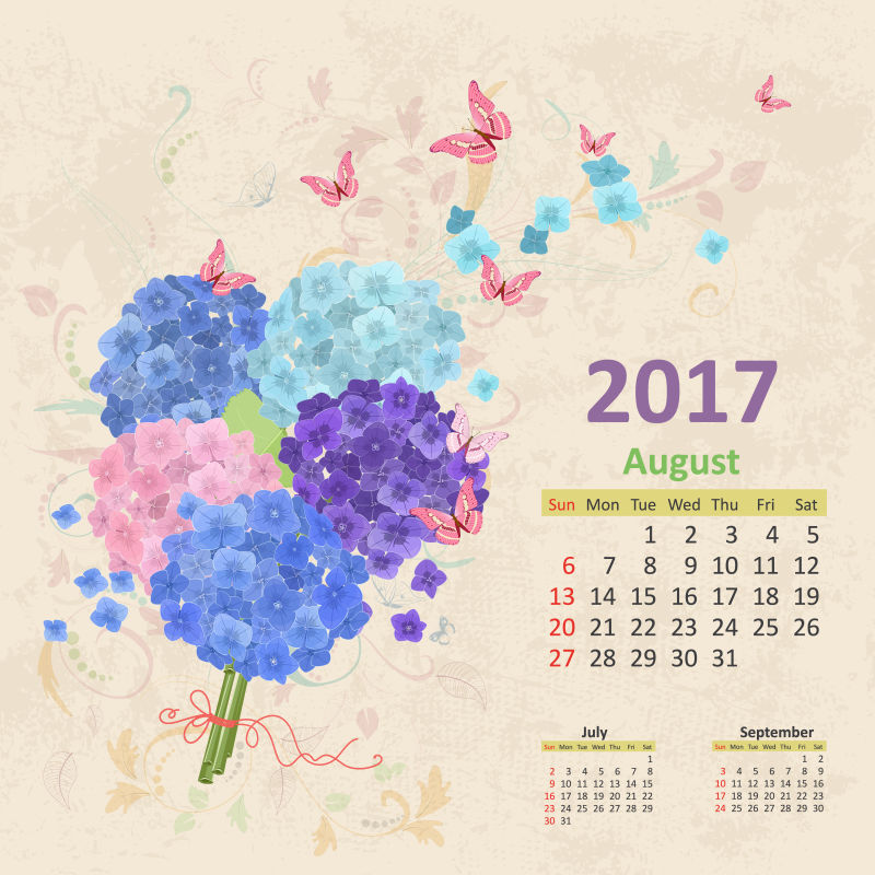 绣球花图案的矢量日历设计