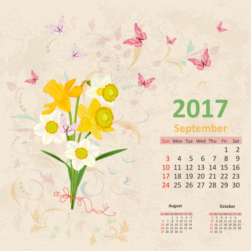 水仙花图案的矢量日历设计