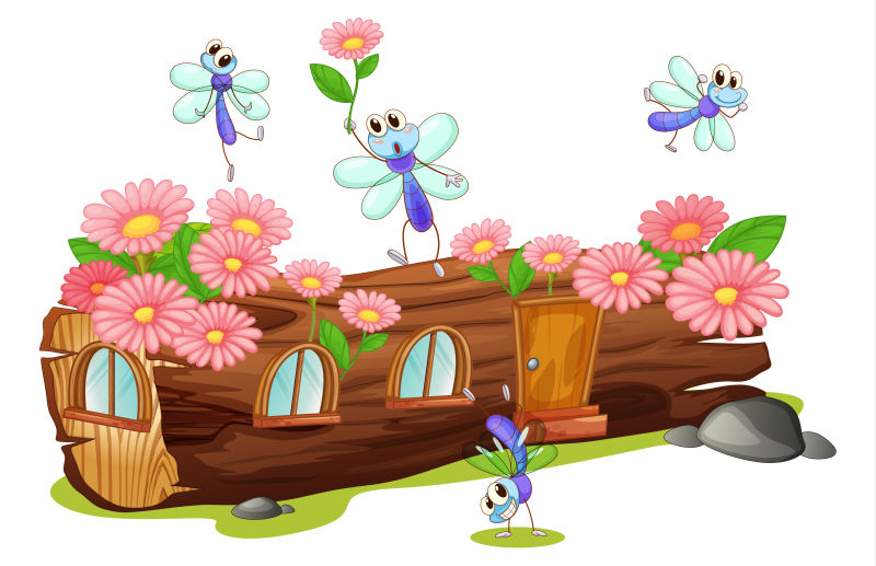 卡通的蜻蜓和木房子矢量插图