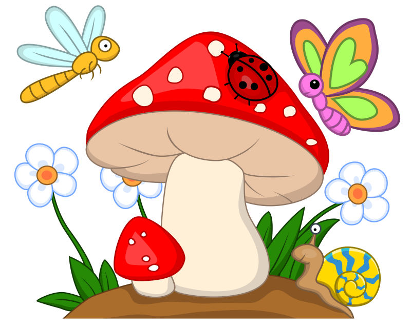 矢量的卡通蘑菇和昆虫