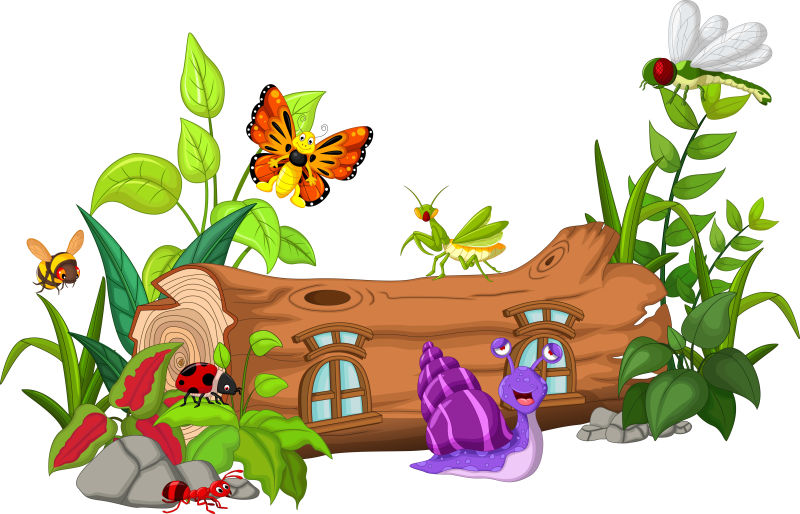自然界的昆虫和木屋矢量插图