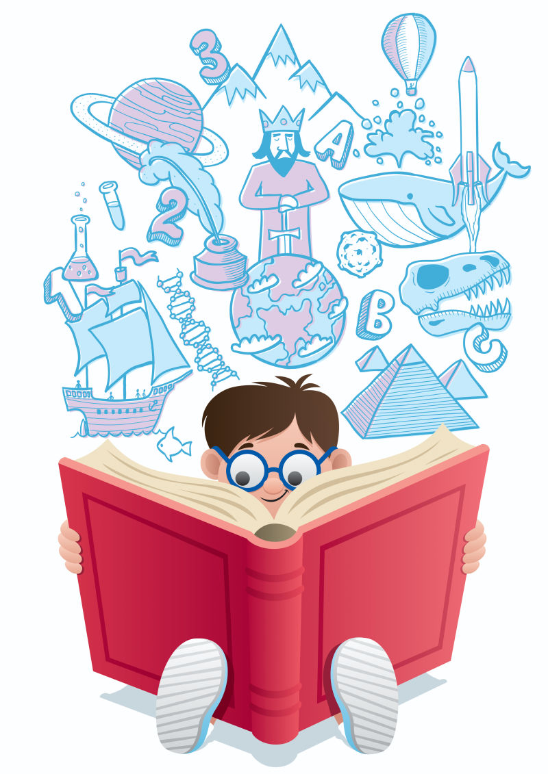 创意矢量卡通从书中看书的小男孩