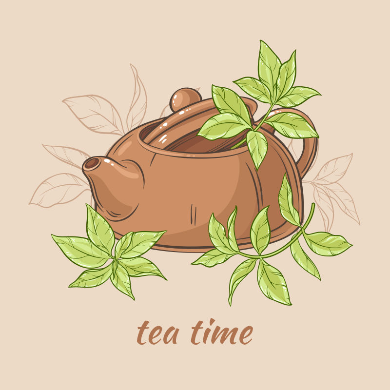 棕色茶壶茶叶矢量插图