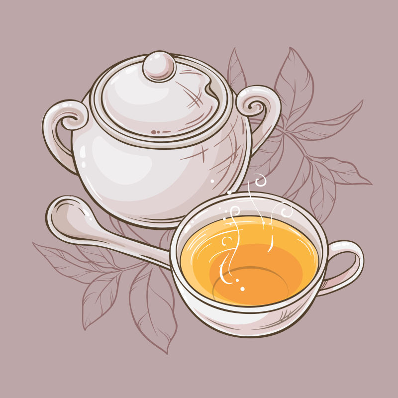 棕色背景下的茶壶和茶杯矢量插图