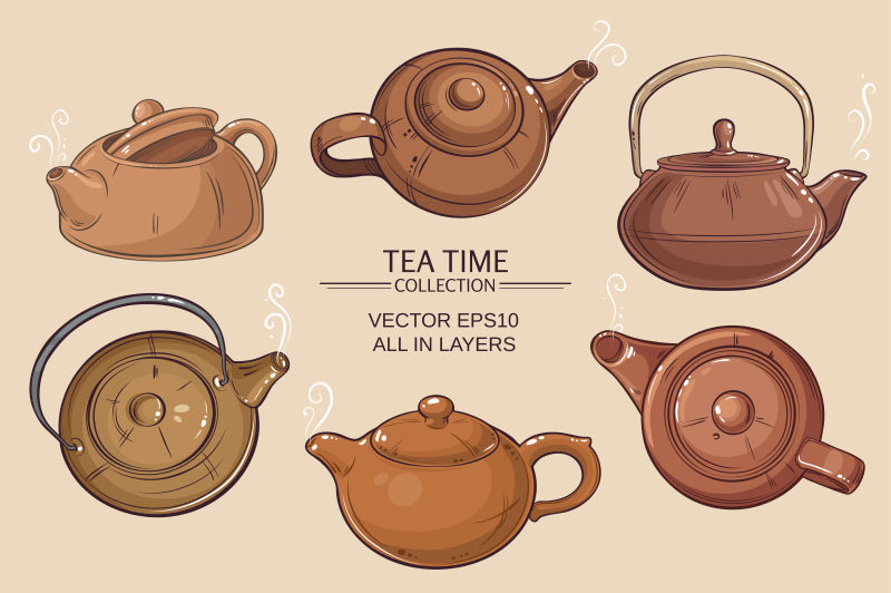 不同角度的棕色茶壶矢量插图