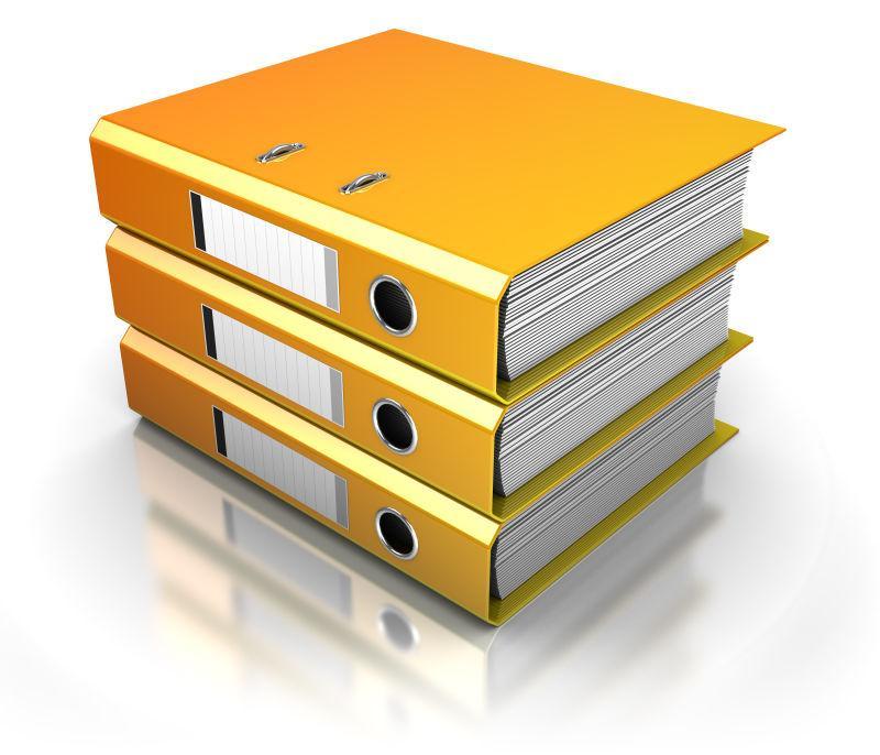 整齐的堆放在一起的三个黄色文件夹