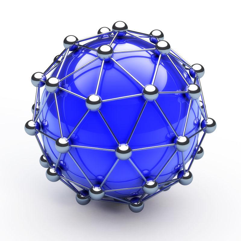白色背景上金属节点包裹蓝色的球形带来的连接网络的抽象概念